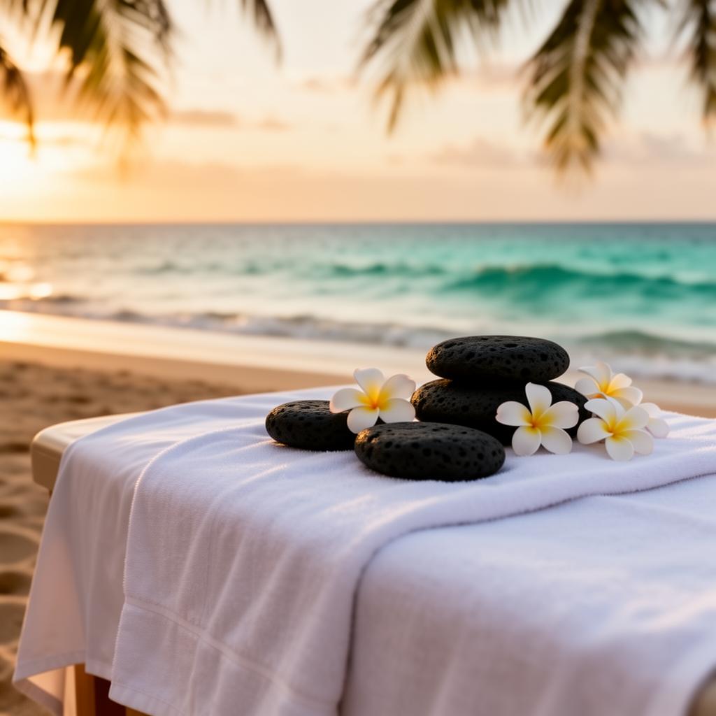 Luxury Hawaiian spa massage table at sunset by the ocean