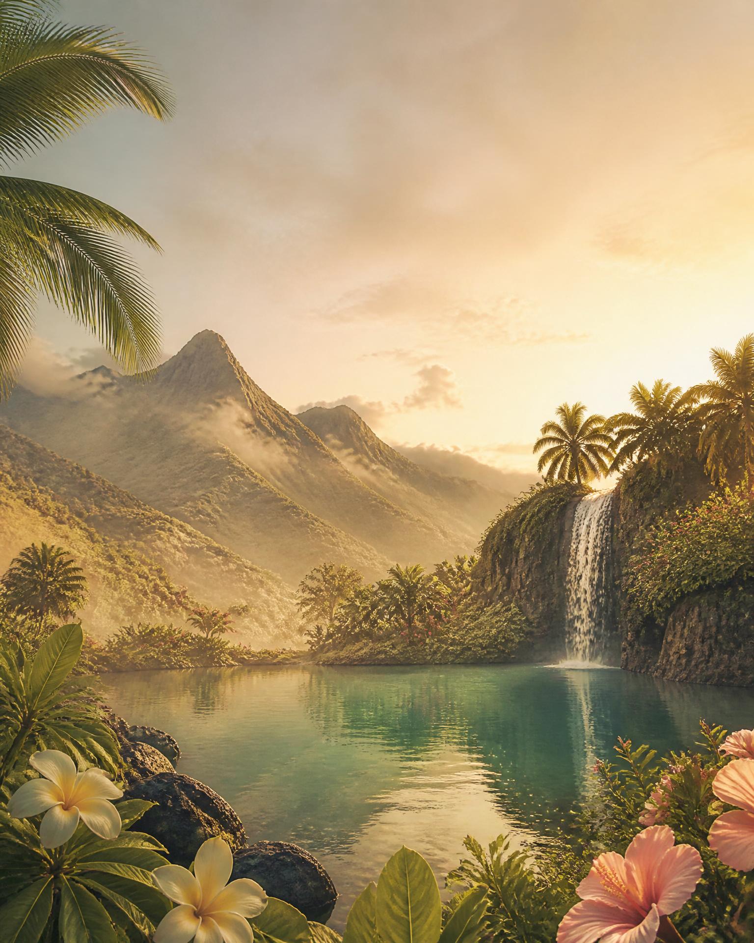 Lush Hawaiian mountain waterfall cascading into a serene emerald pond at golden hour